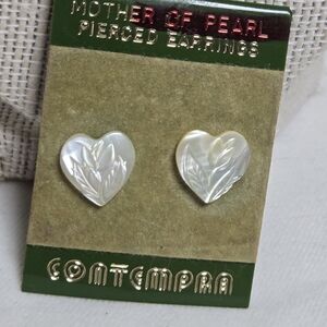 Mother of Pearl Heart Earrings With Engraved Flowers